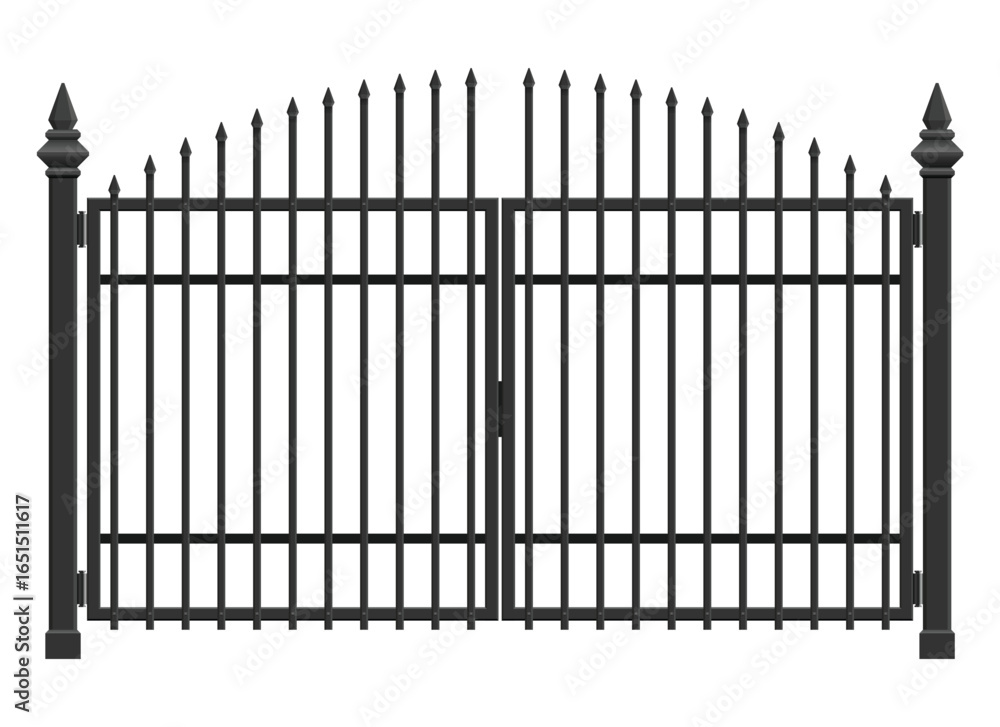 Poster a symmetrical iron gate stands, composed of vertical bars with pointed spikes at the top. the gate i