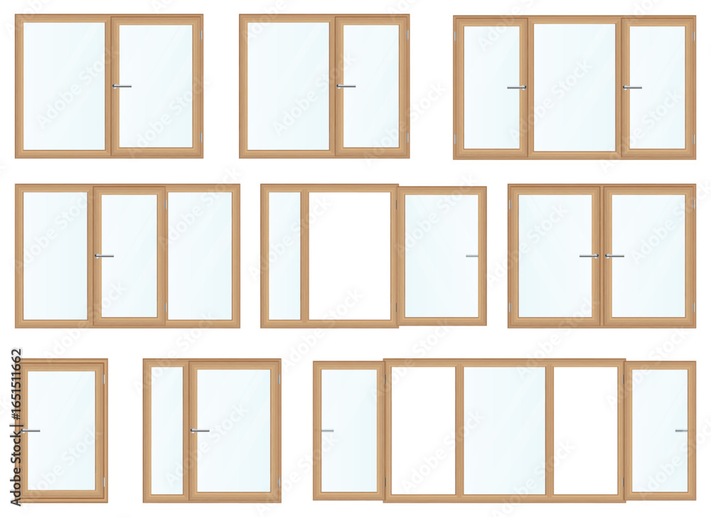 Poster a collection of various window and door designs. there are single and double windows, and sliding gl