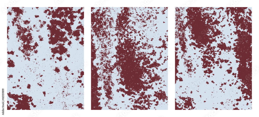 Poster triptych displaying a detailed view of textured surfaces, blending shades of light gray with splatte