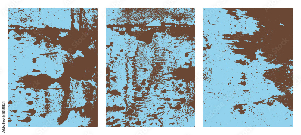 Poster three panel abstract art showcasing a distressed, textured surface with brown patterns over a soft b