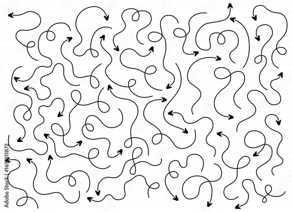 Poster a multitude of black, winding arrows create a chaotic yet organized feel. each arrow twists and turn