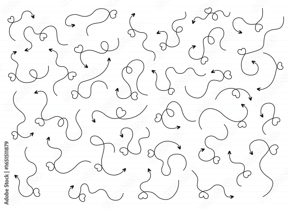 Poster collection of arrow doodles with heart-shaped tips, symbolizing affection and guidance. a playful ve