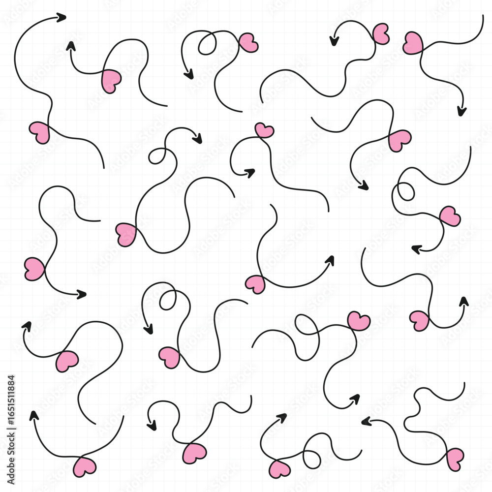 Poster a repeating pattern of curved black arrows with pink heart-shaped bases against a grid backdrop evok