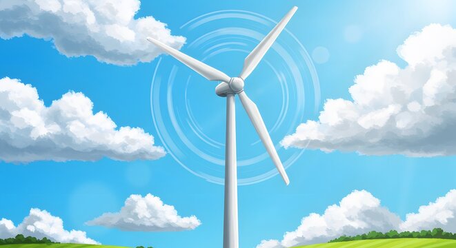 A wind turbine stands tall against a bright blue sky with fluffy white clouds and green rolling hills