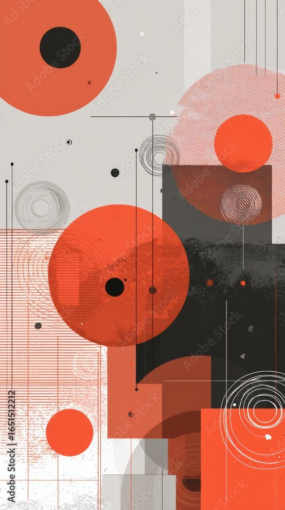 Poster abstract design featuring red and black shapes with geometric patterns and lines in a modern artisti