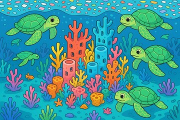 Obraz premium Adorable sea turtles swim in a colorful coral reef, creating a vibrant underwater scene.