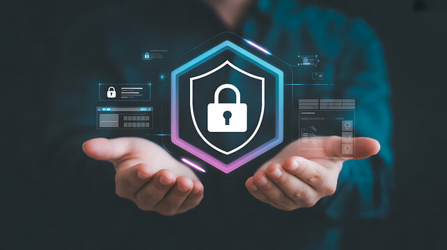 Person holding a digital shield with a padlock and data interfaces Keywords: security, data
