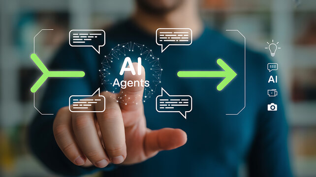 Man touching AI Agents diagram with chat bubbles and arrows artificial intelligence technology