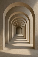 Symmetrical stone archway corridor with light and shadow patterns