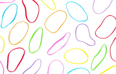 Set colorful rubber bands isolated on white background and texture, top view	