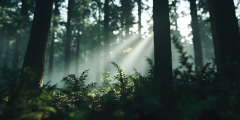 An Enchanting Forest Filled with Beautiful Rays of Light Streaming Through Tall Trees