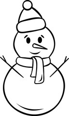 Cute snowman character in Santa Claus hat, simple vector black and white icon, doodle and sketch style