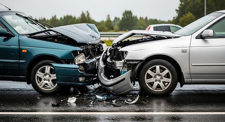 Frontal Car Crash Accident with Damaged Vehicles and Debris on Wet Asphalt Road Aftermath of Collision