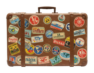 Travel adventure suitcase with vintage stickers retro vibe studio shot classic travel concept isolated on transparent background