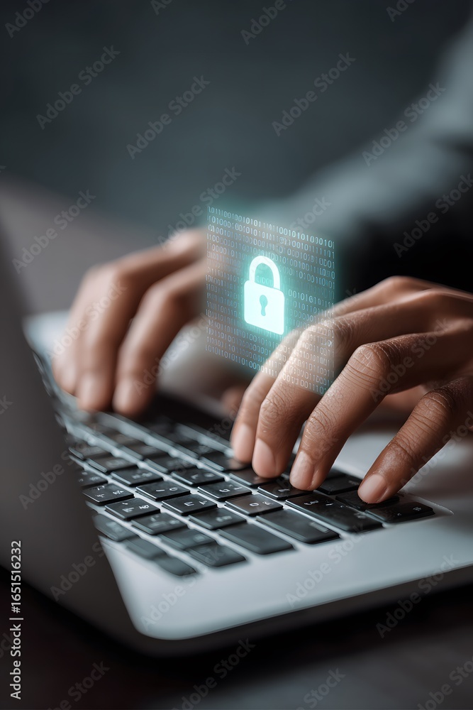 Aufkleber hands of a person typing on a laptop keyboard, with a digital padlock icon overlay, representing cyb