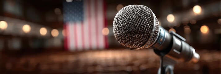 Obraz premium Conference setting with microphone in foreground and American flag backdrop during important speech event