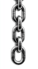 Obraz premium Metal chain links hanging vertically against a white background showcasing texture and shine in a close-up view