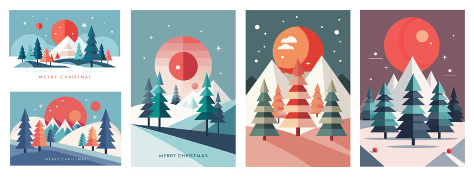 Set of greeting cards for Christmas or winter designs, vector style colorful illustrations, holiday season, copy space