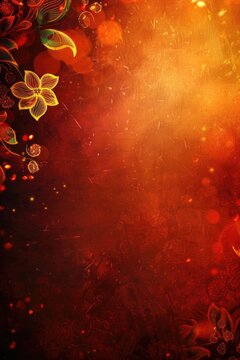 A vibrant background with warm orange and red hues, floral patterns and festive elements, Dussehra holiday celebration, vertical banner, copy space, free space for text
