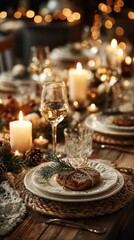 Naklejka premium Elegant dinner setup with candles and festive decor during winter evening celebration