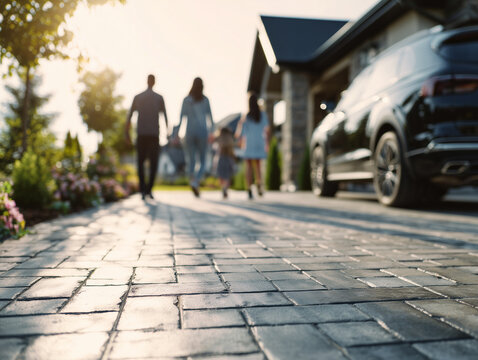 Entrada pavimentada hacia un hogar moderno con coche estacionado y personas acerc&aacute;ndose, reflejando seguridad, protecci&oacute;n familiar y dise&ntilde;o exterior. Seguros de vida, hogar y coche. Cobertura familia
