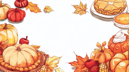 A festive Thanksgiving Day arrangement featuring various pumpkins, autumn leaves, and pies, white background, watercolor illustration, horizontal banner, copy space, free space for text