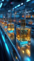 Elegant glass perfume bottles displaying amber fragrance in a modern production facility