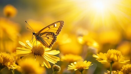 a yellow butterfly perched on a yellow flower in a field of yellow flowers with a blurred background under a bright yellow sun