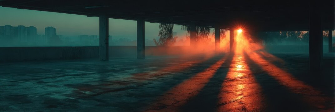 Warm sunlight breaks through a parking garage, revealing fog and shadows in an urban landscape at dawn - Powered by Adobe