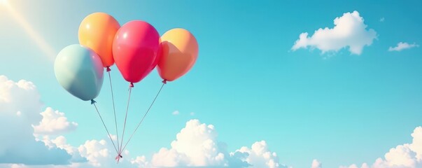 Single line drawing, balloons float effortlessly , happy, abstract, white background