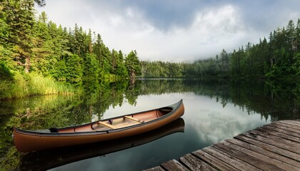 Obraz premium a canoe sits docked by a wooden pier on a calm forest lake surrounded by lush greenery and reflecting the tranquility of nature