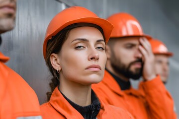 Group of tired factory workers in orange uniforms and helmets resting during shift, showcasing real emotions against an industrial background with noise-free atmosphere