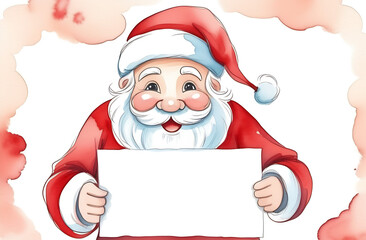 Santa Claus in a red fur coat, holding a sign with an empty field