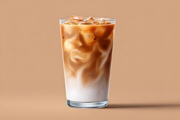 Iced coffee drink in a clear glass with ice cubes, swirling cream, and rich coffee blend, set against a smooth beige background, showcasing refreshing beverage appeal