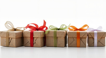 Gift boxes wrapped in colorful ribbons on white background  