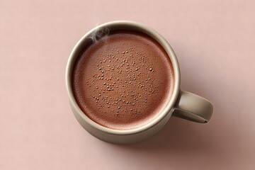 Hot beverage in a ceramic mug with steam rising, showcasing rich texture and warm color, placed on a soft pink background, evoking comfort and relaxation in a cozy setting