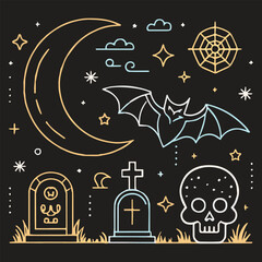 A festive Halloween night illustration with a spooky house silhouette against a full moon in the star-filled sky