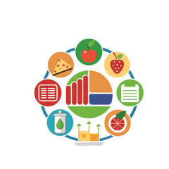 "Nutrition and Data Visualization Icon &ndash; Circular Composition Featuring Pizza Slice, Apple, Strawberry, Orange Slice, Leaf Bottle, Charts, and Documents Around Central Pie Chart &ndash; Flat Vector Illustra