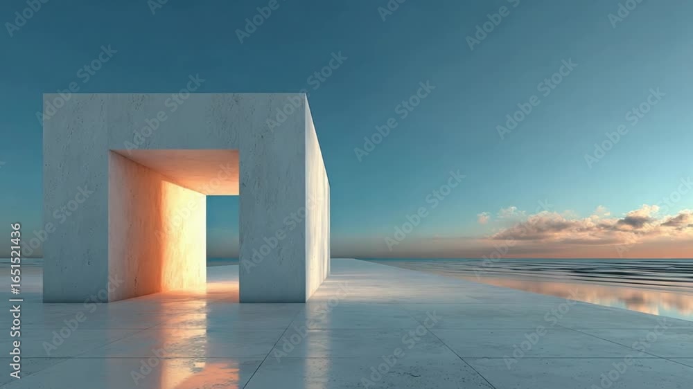 Poster a minimalist architectural structure stands majestically against the backdrop of a serene, calm sea,