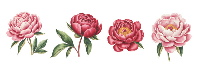  Vintage red peony blossoms in full bloom watercolor. Retro hand painted scarlet peony flowers with green leaves. © Artverza