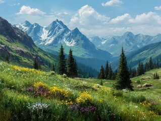 Serene Alpine Meadow with Snow-Capped Peaks and Wildflowers Under a Blue Sky, a Peaceful Mountain Landscape