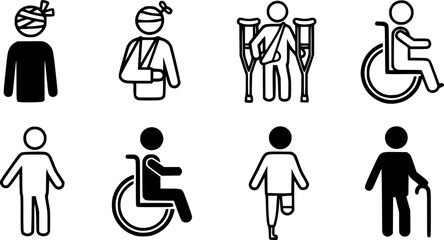 stickman icon set disabled, with bandaged man, injury illustration, stick figure people on crutches, person with prosthesis, medical icons, isolated on transparent See Less
