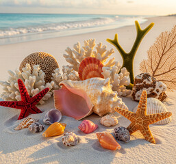 kerang di pantai saat matahari terbenam