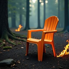 Intact plastic chair survives wildfire, flames licking nearby , smoke, aftermath, burnt