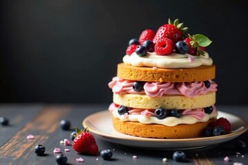 Multi-tiered vanilla cake with berries, flowers, anniversary, celebration, birthday