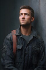 Sweaty factory worker, dressed in dark work attire, leans against a wall, reflecting on a long shift, showcasing resilience and determination in an industrial environment