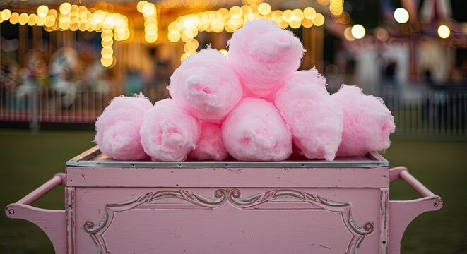 Pink Cotton Candy on a Vintage Cart with Bokeh Background.