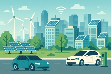 Futuristic eco-friendly city with renewable energy and electric cars
