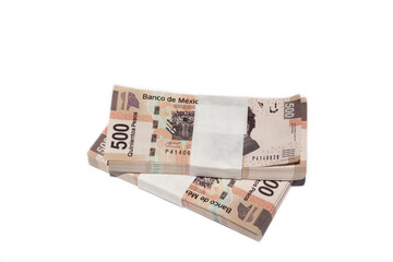 2 fajos de billetes mexicanos de 500 pesos, sobre un fondo blanco, vista superior
2 bundles of Mexican 500 peso bills, on a white background, top view