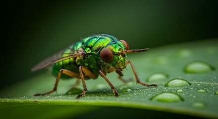 Close up of a green fly resting on a leaf with water droplets in a natural outdoor setting macro shot